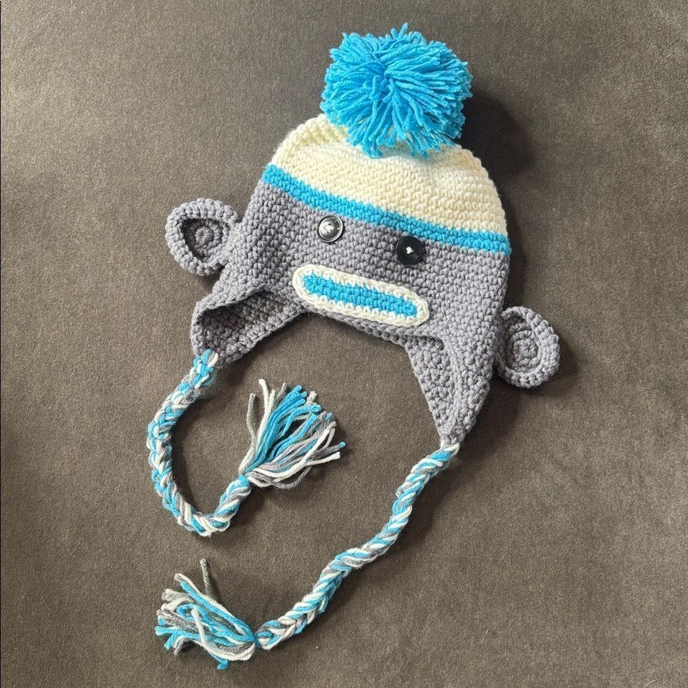 Daisy Baby Kids Sock Monkey Beanie Hat Gray with Blue Pom 2-7 Photography NEW